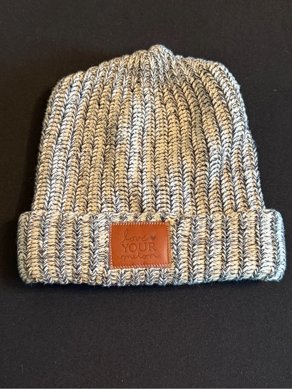 Love Your Melon Marled Cream & Black Rib Knit Cuffed Beanie